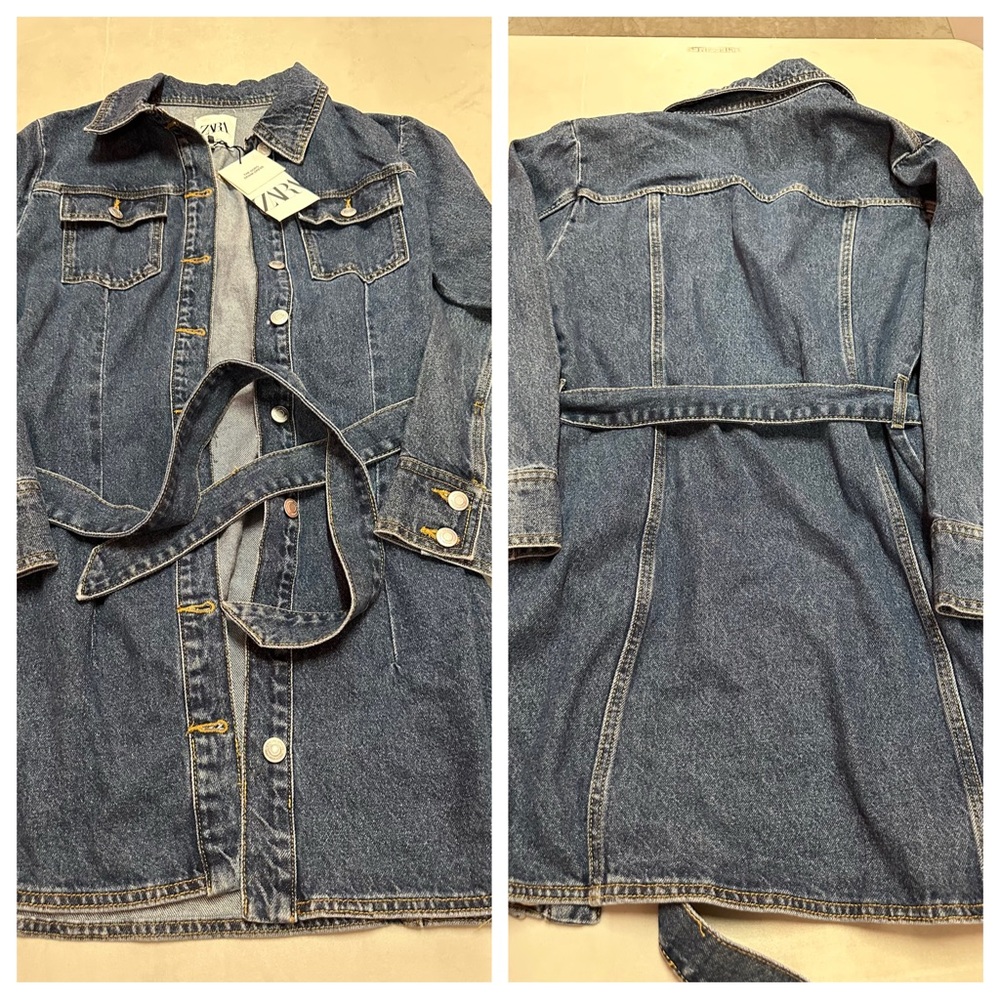 Zara The Doro Denim Dress size L 
W/ belt  
Pit to pit: 19”
Length:32 1/2”
B326